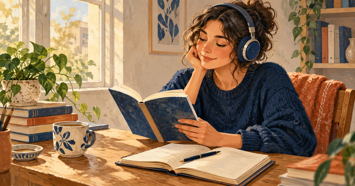 窓辺でヘッドホンを着け、洋書を楽しむ人物のイラスト